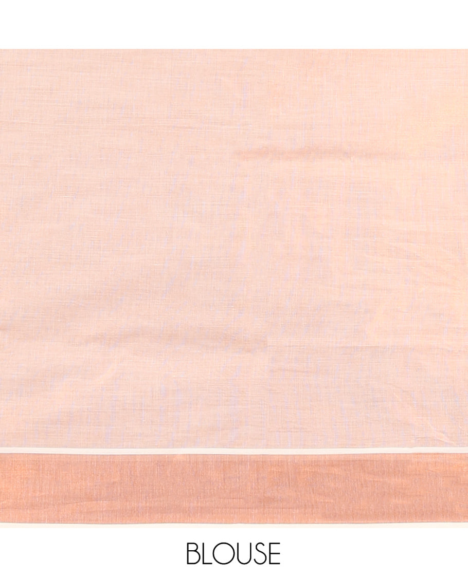 Rosegold Pink Plain Kerala Cotton Saree, a Zari Bavanji Border, a Self-Pallu, and Paired with a Matching Blouse