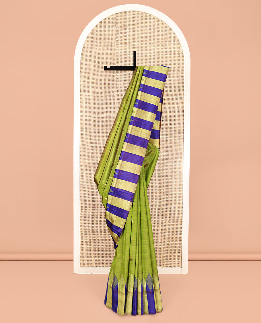 Green Kanchipuram Silk Saree, Woven with Zari Buttas, Complemented by a Contrast One-Sided Temple Border, Zari Design Pallu, and No Blouse
