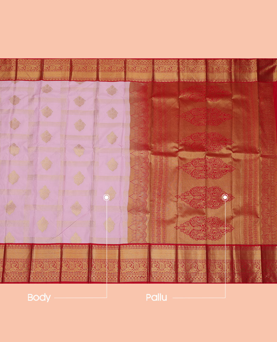 Baby Pink Budget Silk Saree, Sparsely Woven with Zari Designs, Complemented by a Contrast Traditional Border, Intricate Pallu, and a Contrast Blouse