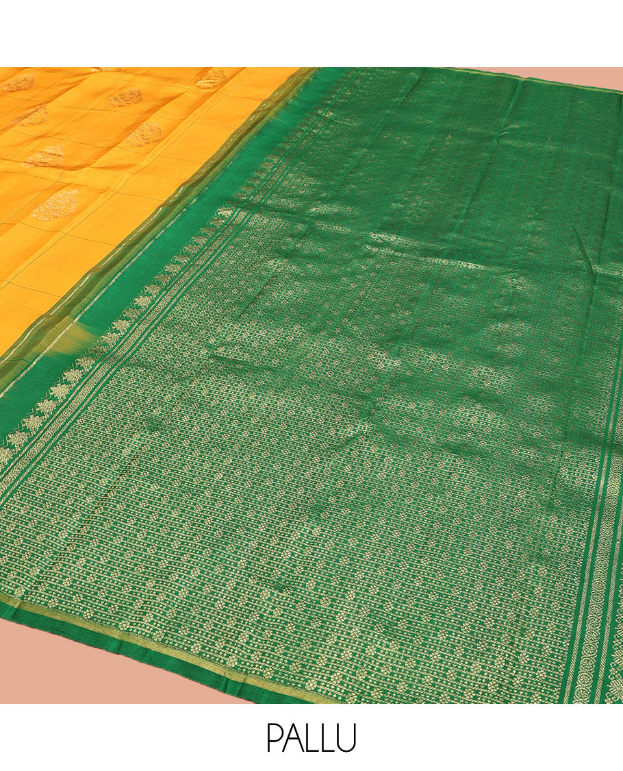 Borderless Mango Yellow Kanchipuram Silk Saree, Enriched with Floral Butta Enclosed, Subtle Zari Piping Border, Captivating Contrast Pallu of Intricate Designs, and Paired with a Contrast Blouse