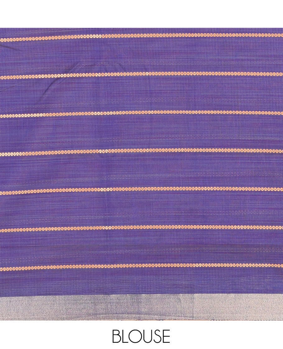 Baby Pink Semi-Silk Cotton Saree, Beautified with Veldhari Stripes, Gold Zari Border, Contrast Striped Pallu and a Contrast Blouse