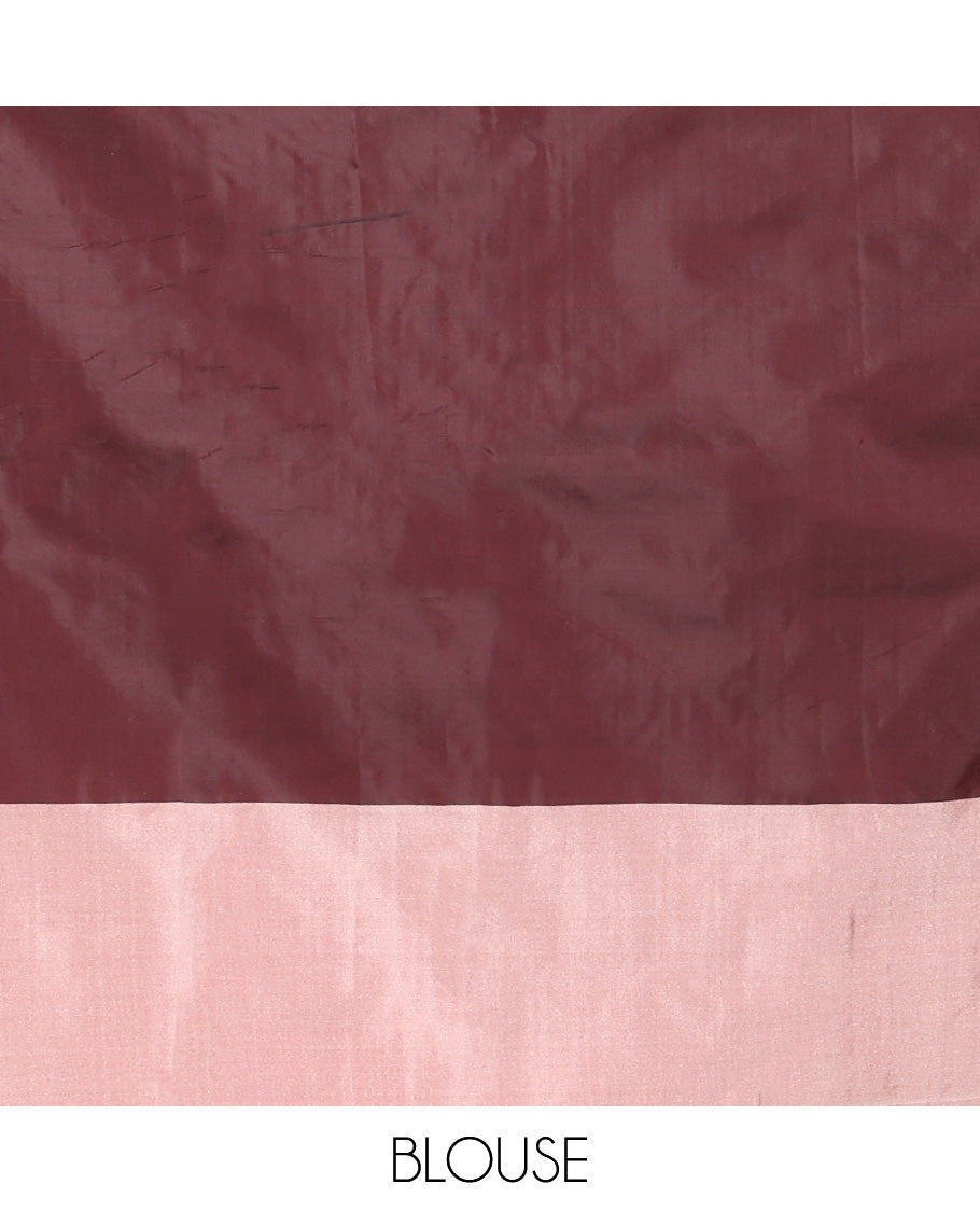 Brown Aarani Silk Saree, Featuring Zari Buttas All Over Its Body, Complemented by a Contrast Zari Striped Border, Pallu of Buttas, and Paired with a Matching Blouse