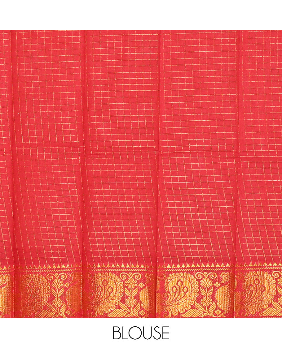 Red Sungudi Cotton Saree, Adorned with Zari Checks on Its Body, Complemented by a Contrast Peacock Motifs Woven Zari Border, Zari-Checked Pallu, and Paired with a Contrast Blouse
