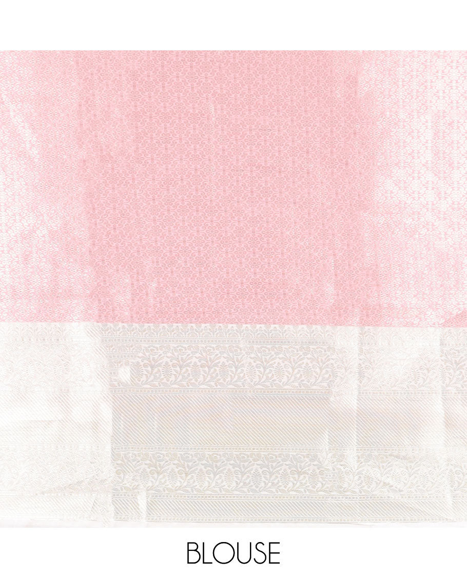 Baby pink vertical design banaras kora tissue saree with contrast gold zari jacquard border weaving rich pallu along with brocade blouse