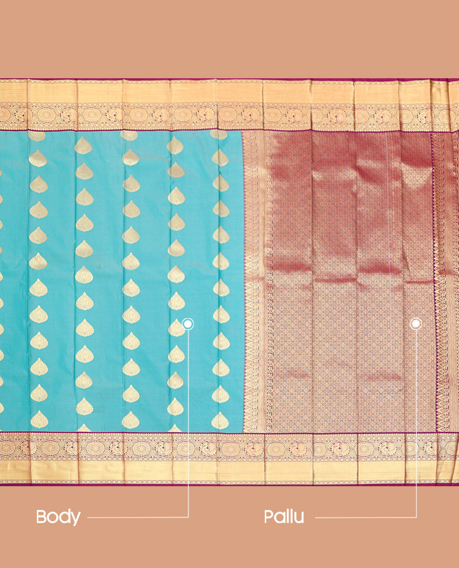 Blue Budget Silk Saree, Woven with Zari Buttas on Its Body, Complemented by a Contrast Traditional Zari Design Border, Grand Jaal Pallu, and Paired with a Contrast Blouse
