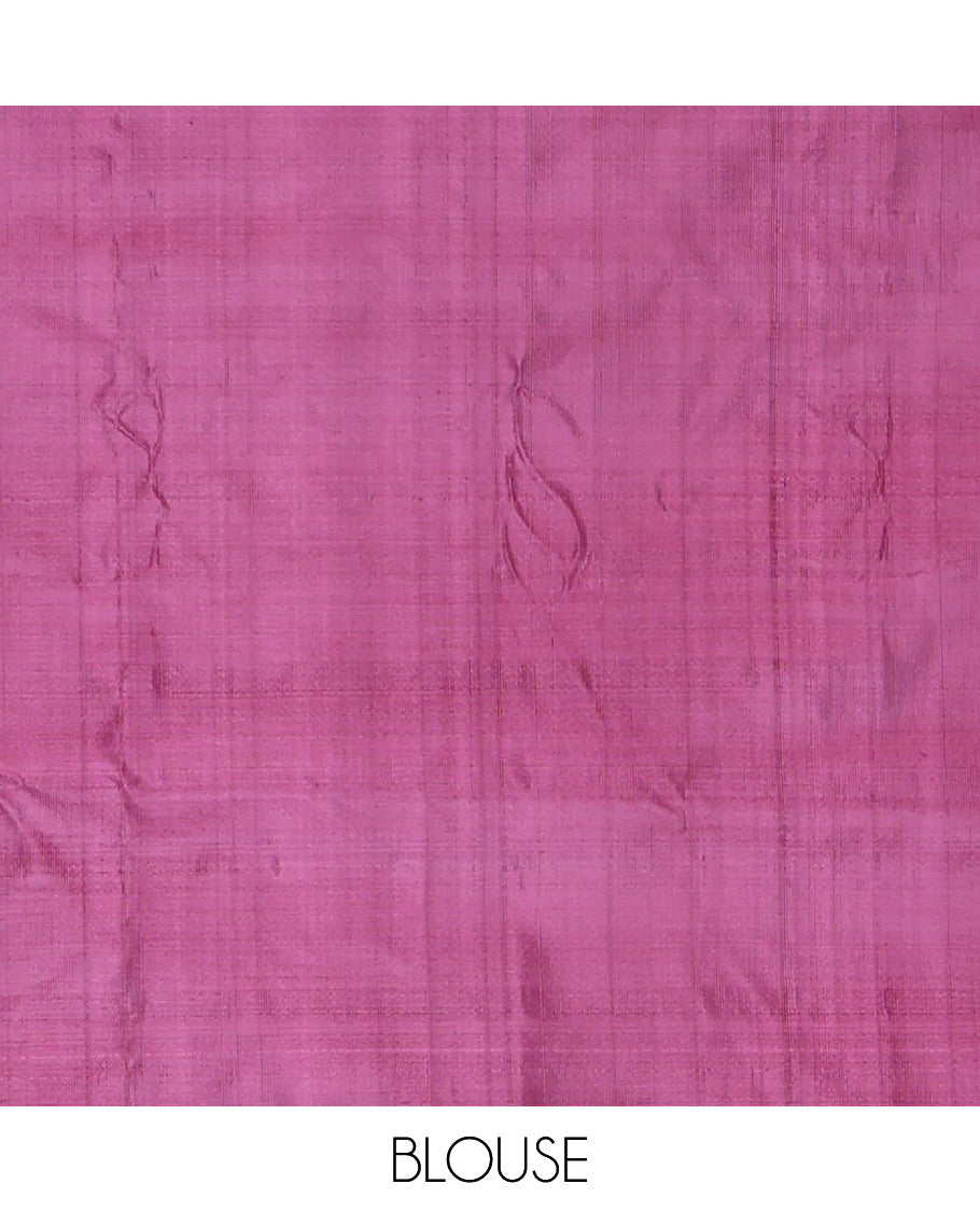 Borderless Gold Banana Pith Saree, Woven with Temple Buttas, a Contrast Pallu of Stripes and Temple Design, and a Contrast Blouse