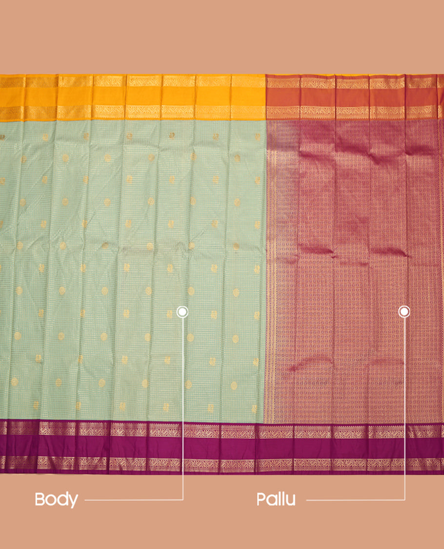 Green Budget Silk Saree, Subtly Sparkled with Zari Buttas and Checks, Complemented by a Contrast Traditional Rettai Pettu Ganga-Jamuna Border, Intricate Pallu, and Contrast Blouse
