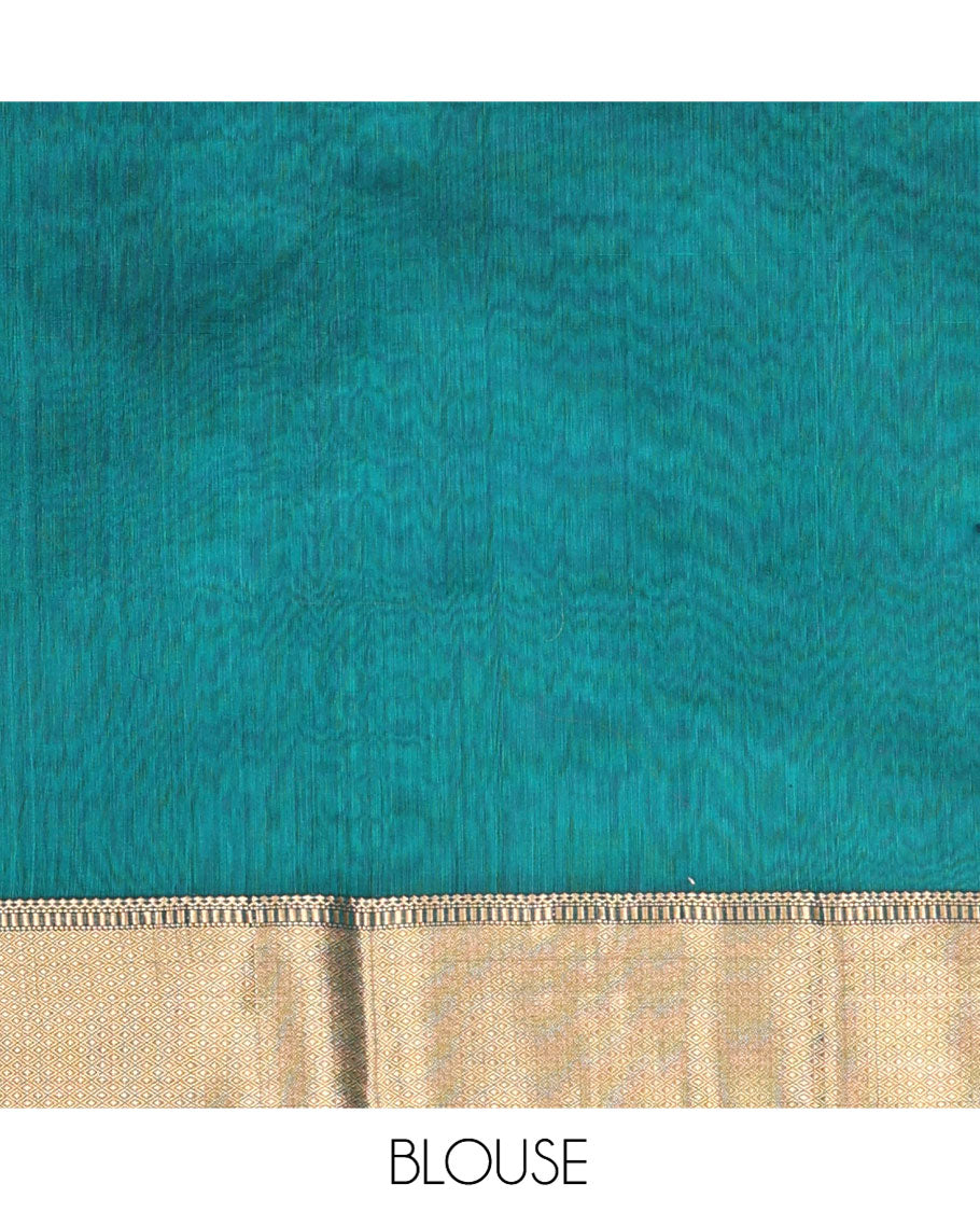 Blue Maheshwari Cotton Saree, Gleamed Up with Zari Buttas on Its Body, Highlighted by a Traditional Zari Design Border, Complemented by a Contrast Pallu of Chevron Designs, and Paired with a Contrast Blouse