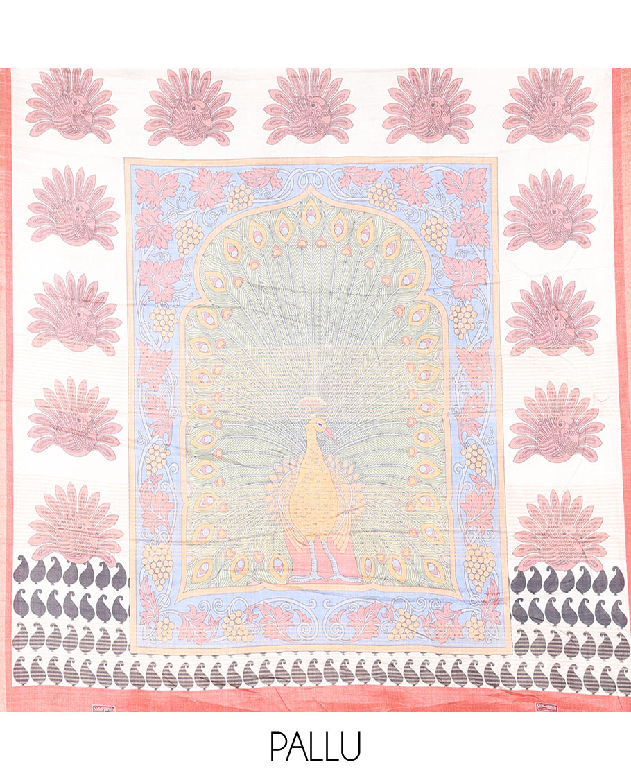 Cream Manipuri Silk Saree Ornamented with Kalamkari Floral and Peacock Prints All Over Its Body, Complemented by a Contrast Zari Border, Pallu Depicts a Big Peacock and Paisleys, and Paired with a Contrast Printed Blouse