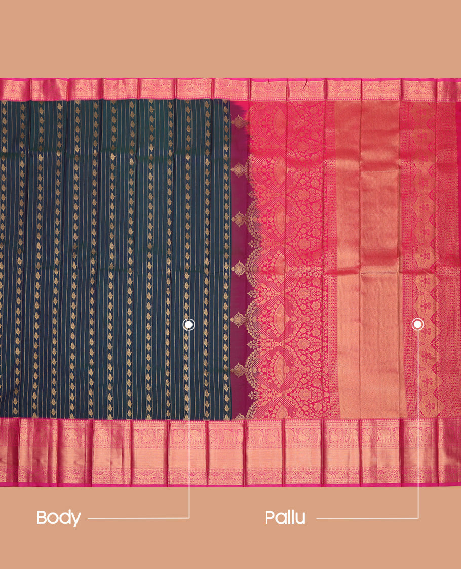 Green Budget Silk Saree, Finely Detailed with Zari Buttas and Stripes All Over Its Body, Complemented by Contrast Traditional Zari Designs Woven Border, Grand Pallu and Paired with a Contrast Blouse