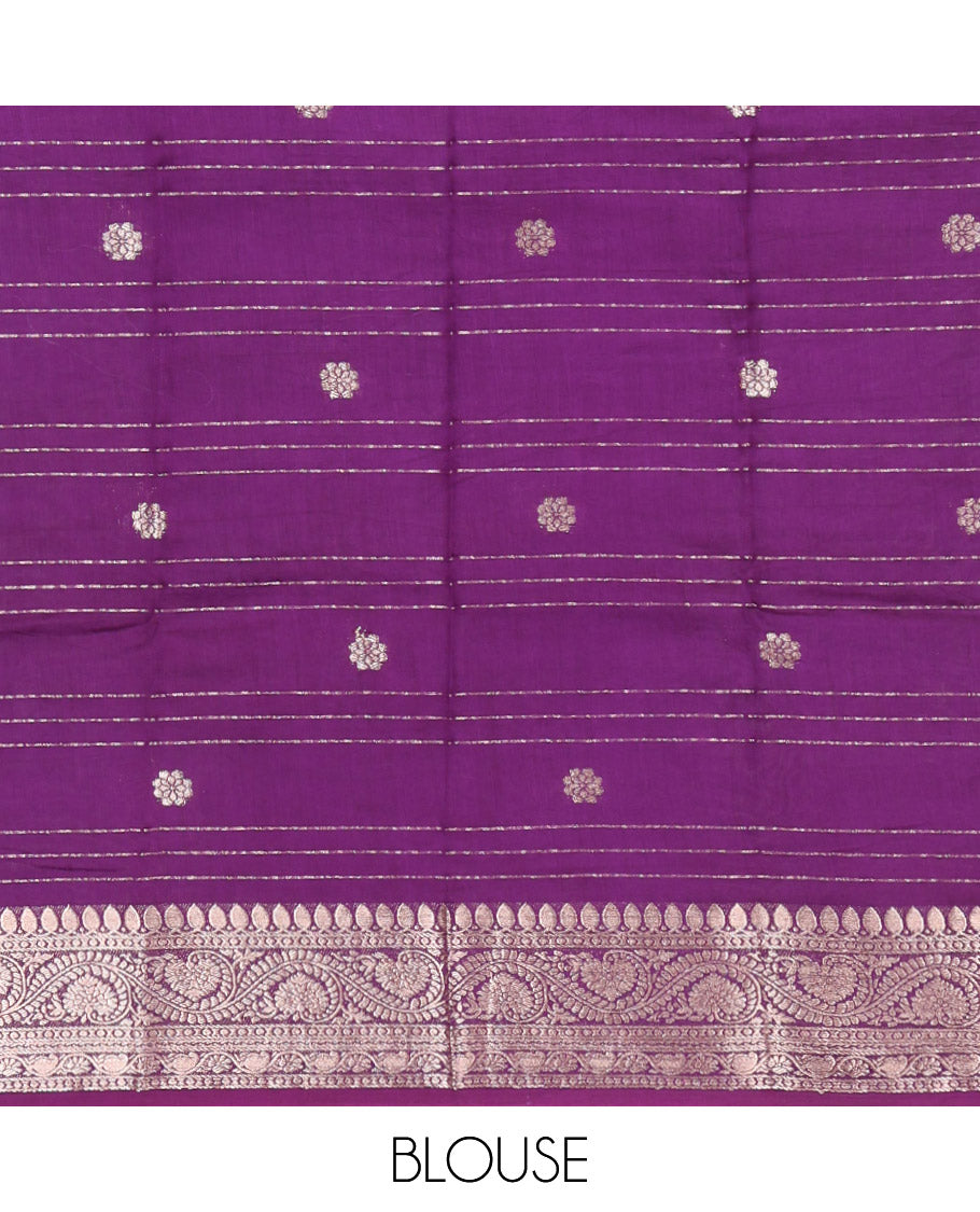Green Assam Silk Saree, Enriched with Zari Buttas and Stripes, Complemented by Contrast Floral Creeper Zari Border, Zari Woven Pallu, and Contrast Blouse