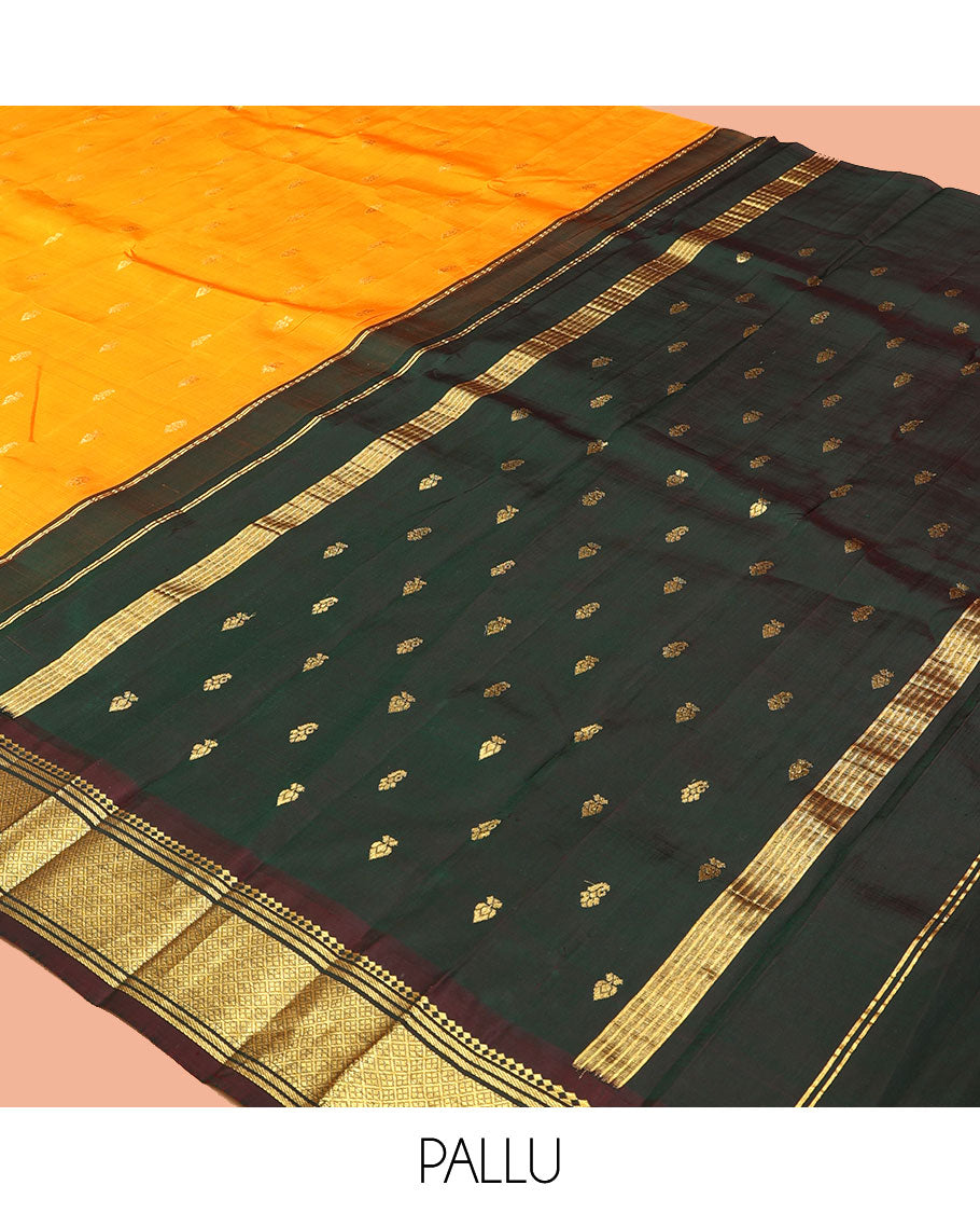 Yellow Kanchipuram Silk Saree, Sparsely Woven with Zari Buttas, a Contrast One-Sided Korvai Border of Panner Sombu, Banaras, and Jaal Designs, a Zari Design Pallu, and No Blouse