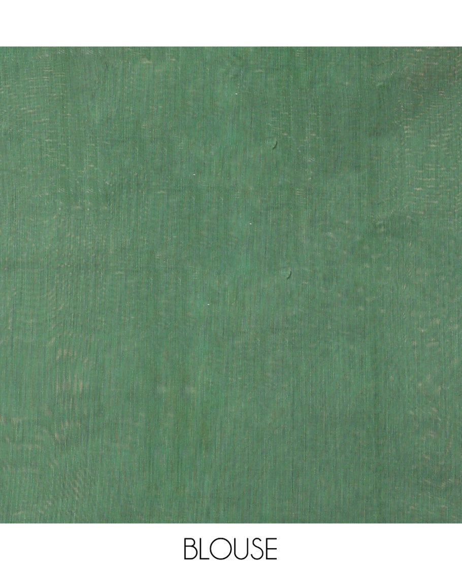 Green Semi-Silk Cotton Saree, Embellished with Buttas All Over Its Body, Highlighted by a Zari Border of Geometric Designs, Pallu of Geometric Designs, and Paired with a Matching Blouse