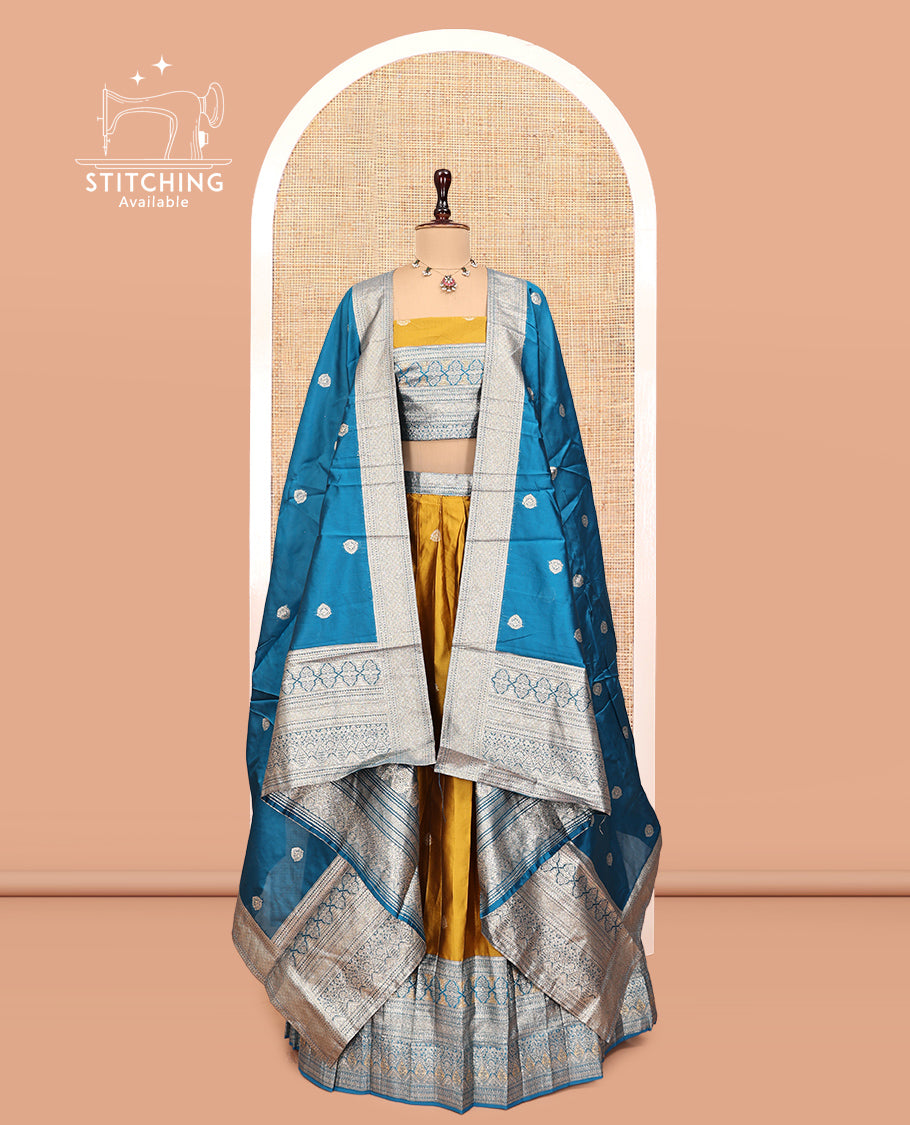 Mustard-Blue Banarasi Half-Saree, Elevated with Zari Buttas, a Contrast Traditional Zari Border, a Matching Blouse, and a Contrast Dhavani