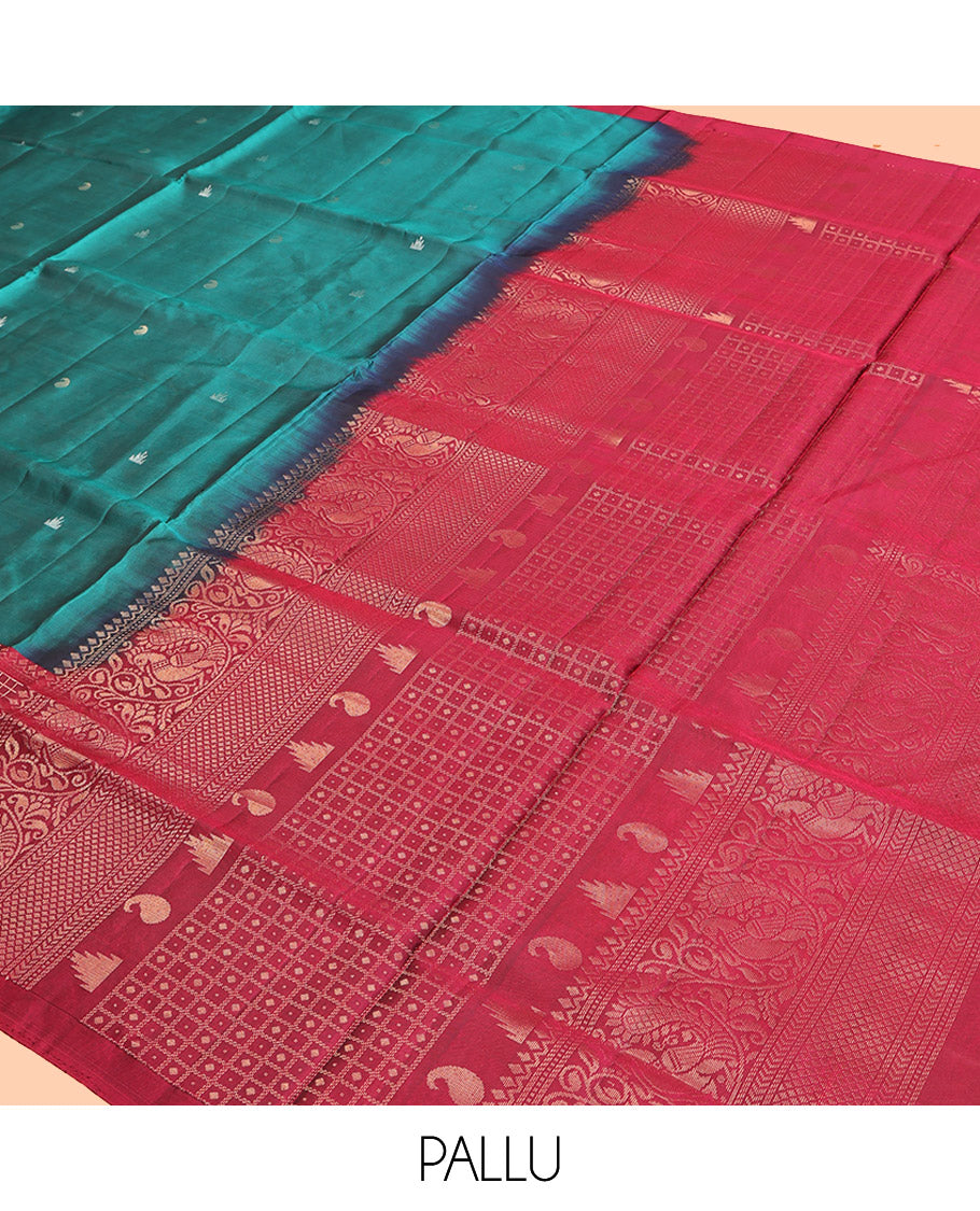 Green Mayuri Lite Silk Mix Saree, Features Rekku- Manga Buttas, Contrast Border of Rekku, Manga, Mayil and Yaanai, and Grand Pallu and a Contrast Blouse