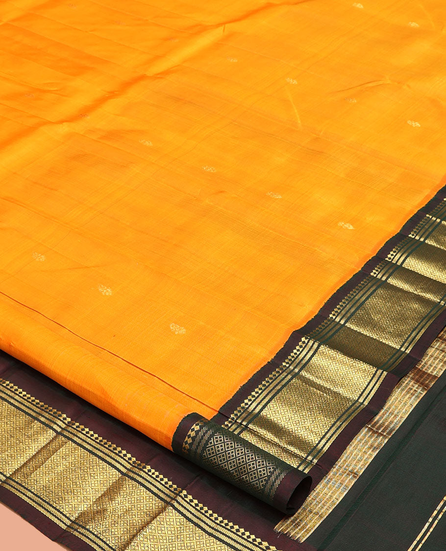 Yellow Kanchipuram Silk Saree, Sparsely Woven with Zari Buttas, a Contrast One-Sided Korvai Border of Panner Sombu, Banaras, and Jaal Designs, a Zari Design Pallu, and No Blouse