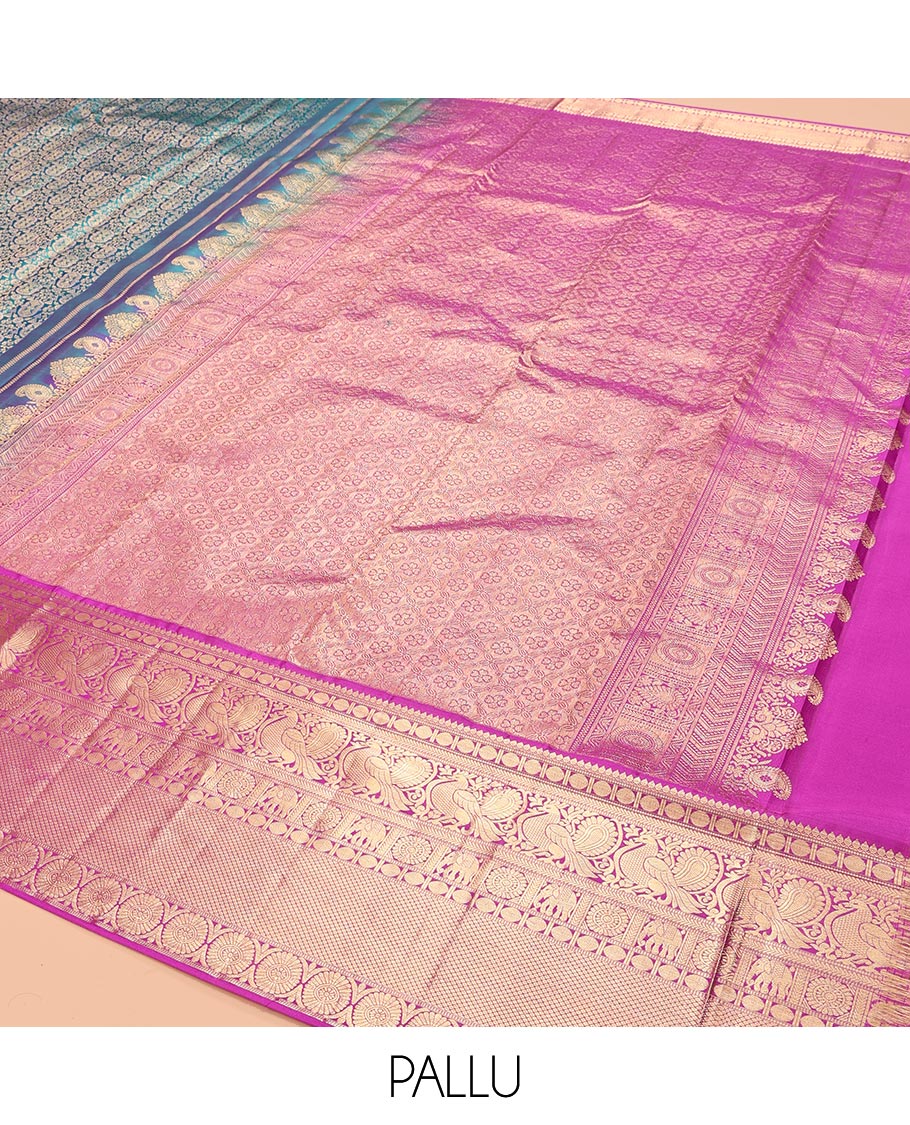 Blue Kanchipuram Wedding Silk Saree, Embellished with Jacquard Design, a Contrast Border of Thilakam, Rudraksham, Mayil, Yaanai, Chakram, and Mayil Kann, Grand Pallu, and a Contrast Blouse