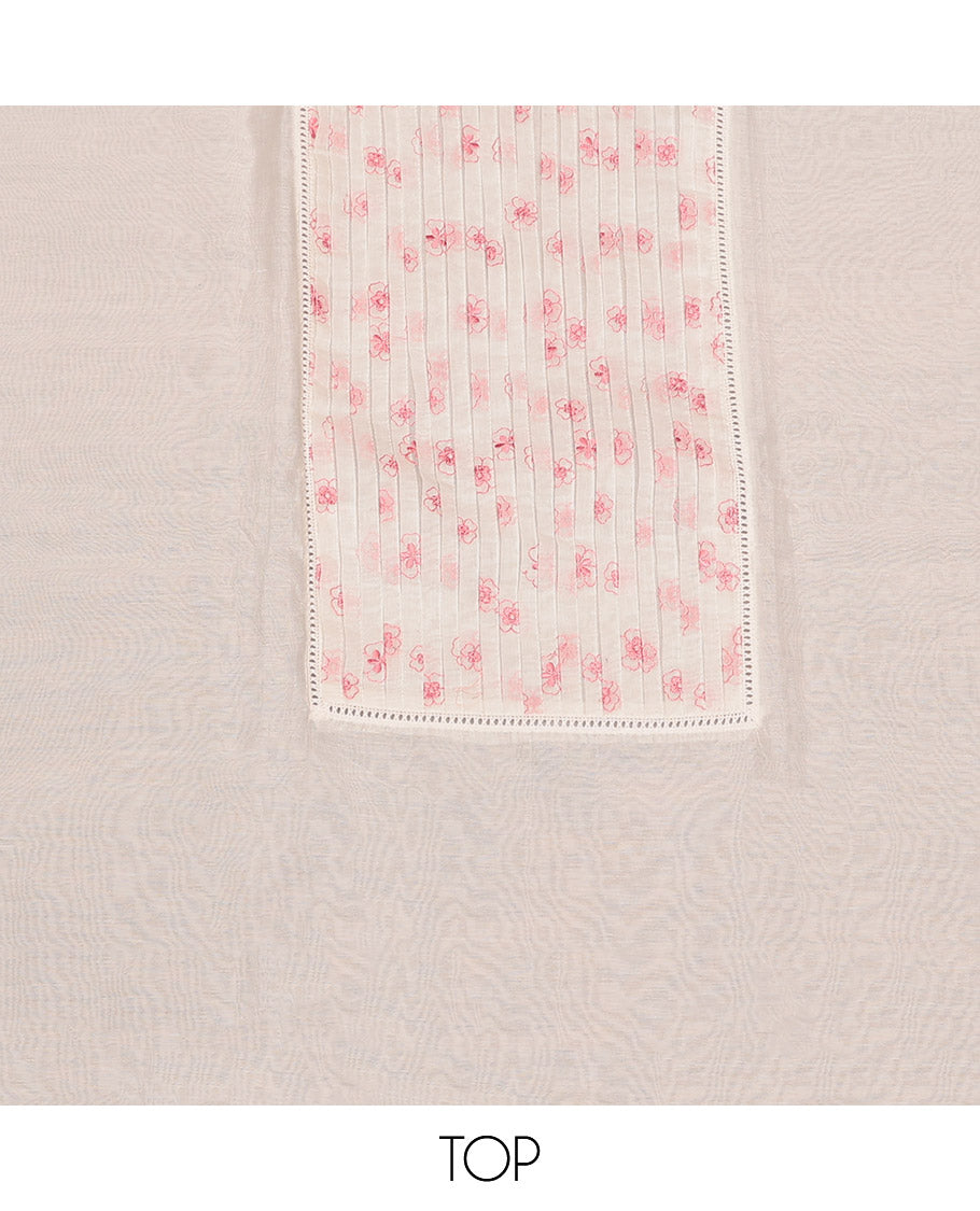 Cream-Pink Cotton Material Churidar Set Featuring Floral Embroidery Top, Matching Bottom, and Floral Embroidery Dupatta