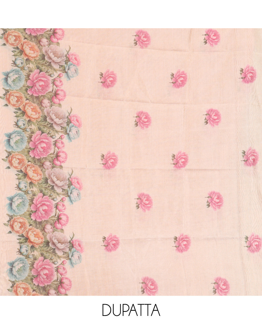 Gold-Chikku Tissue Material Churidar, Beautified with Rose Floral Printed Top, a Contrast Bottom, a Floral Printed Dupatta