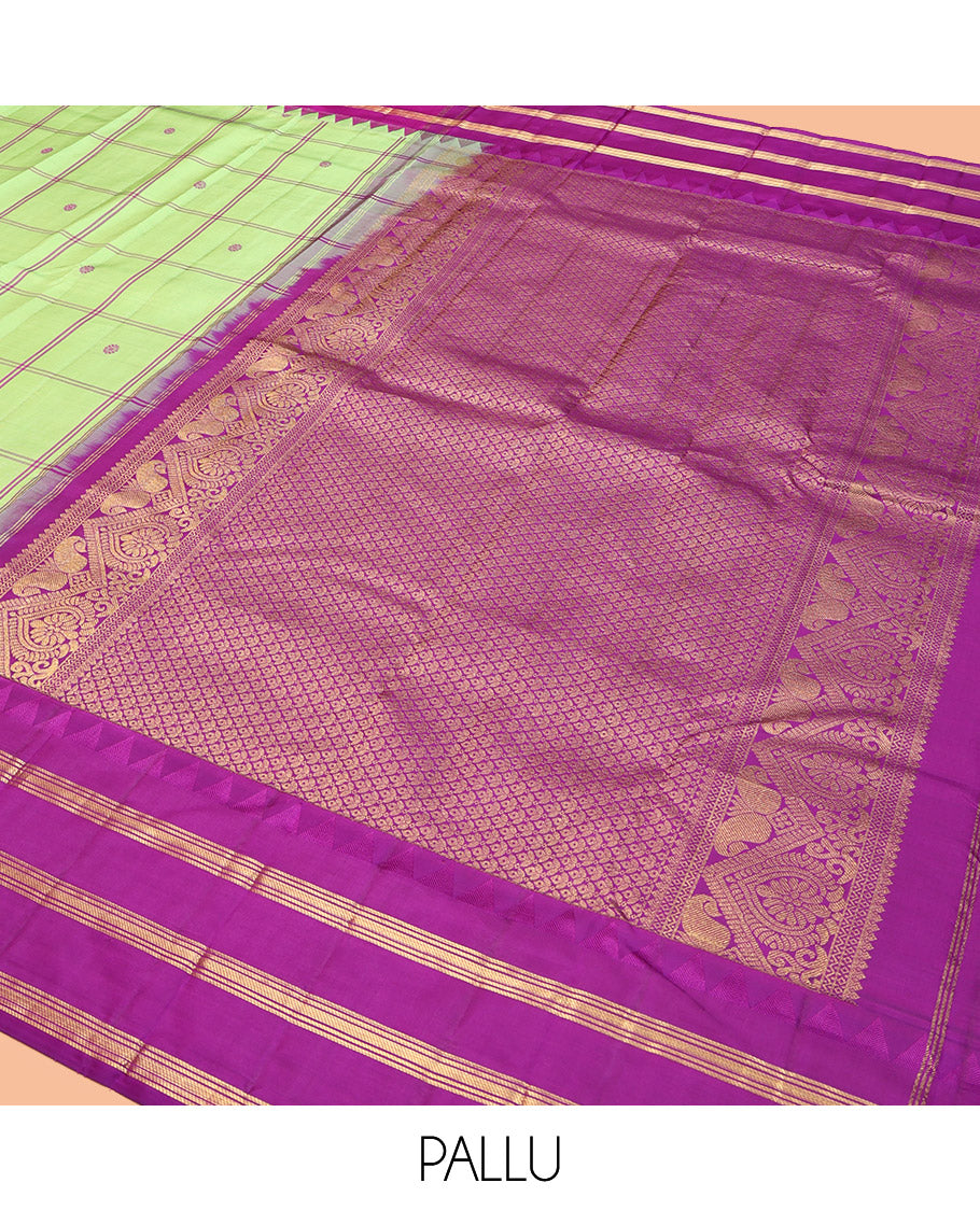 Green Vasundhara Silk Saree, Delicately Woven with Butta Enclosed Checks, Complemented by a Contrast Thazampoo Rekku Border of Banaras, Intricately Designed Pallu, and a Contrast Blouse