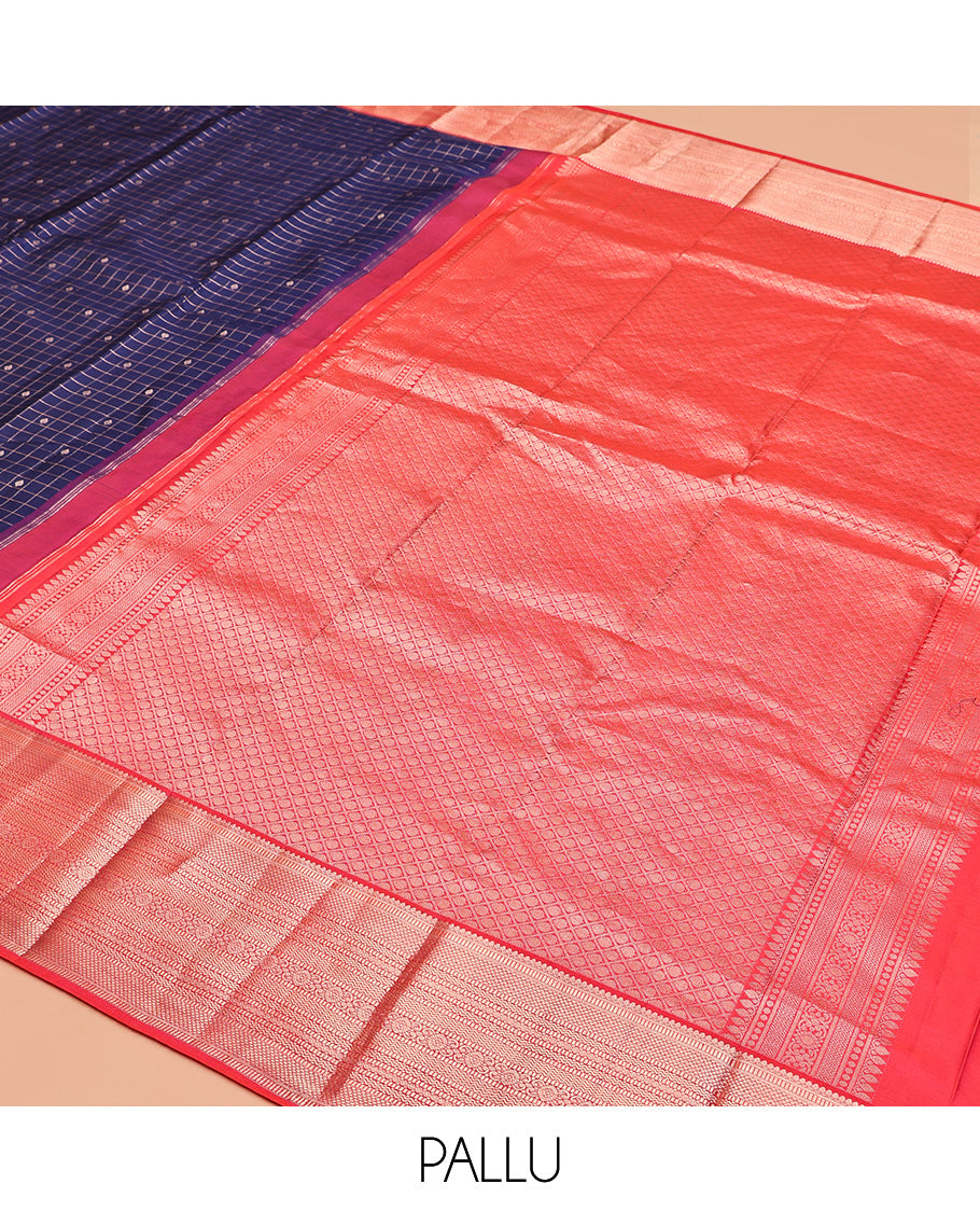 Blue Vasundhara Silk Saree, Woven with Zari Butta Enclosed Checks, Contrast Border of Thilakam Mokku, Muthu, Rettai Neli, and Geometric Designs, Jaal Pallu, and Contrast Blouse