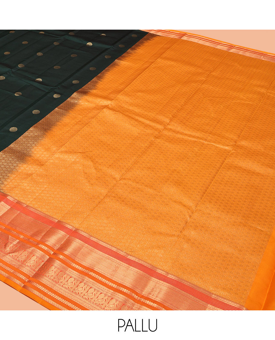Green Vasundhara Lite Silk Mix Saree, Accentuated with Zari Buttas, Complemented by a Contrast Border of Kuyil Kann, Rudraksham, Neli, and Mayil Design, Jaal Pallu, and a Contrast Blouse