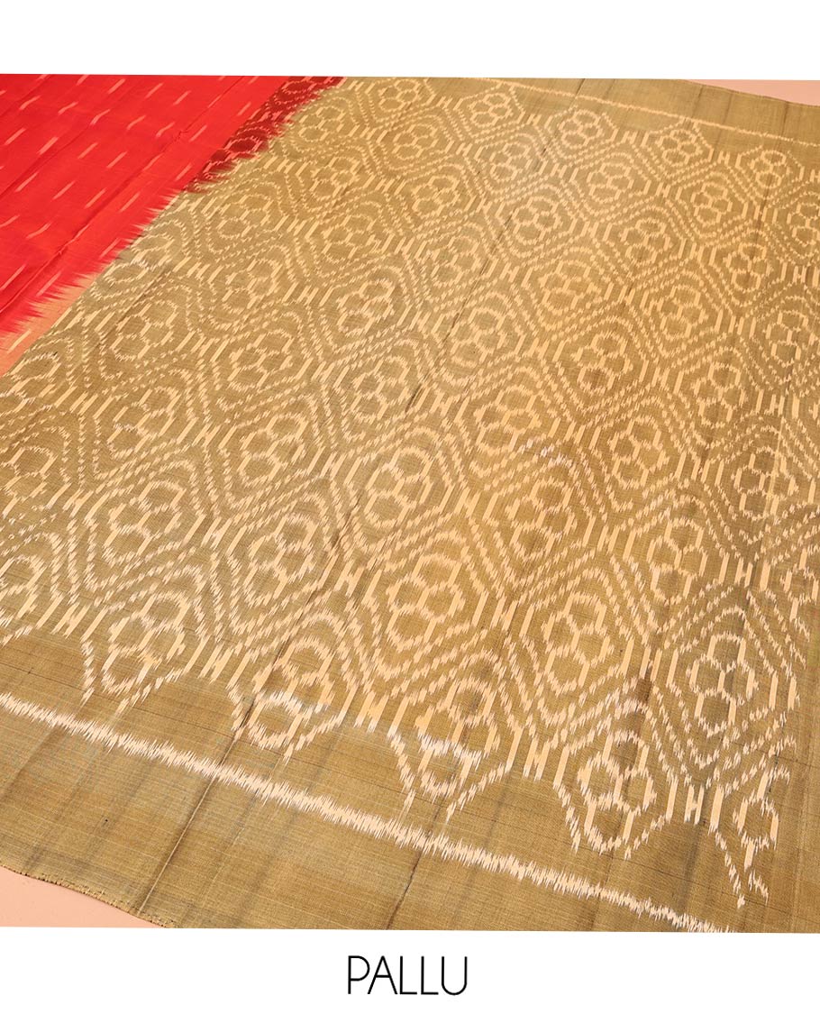Red Mayuri Soft Silk Saree, Mesmerized with Ikkat Buttas All Over Its Body, Complemented by Contrast Checked Border, Artfully Ikkat Textures Woven Pallu, and Paired with a Contrast Blouse