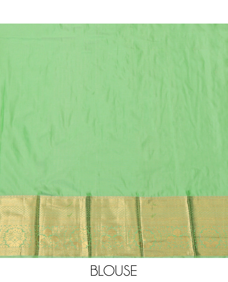 Brown Budget Silk Saree, Spotlighted with Zari Buttas, Complemented by Contrast Traditional Zari Border, Grand Pallu and a Contrast Blouse