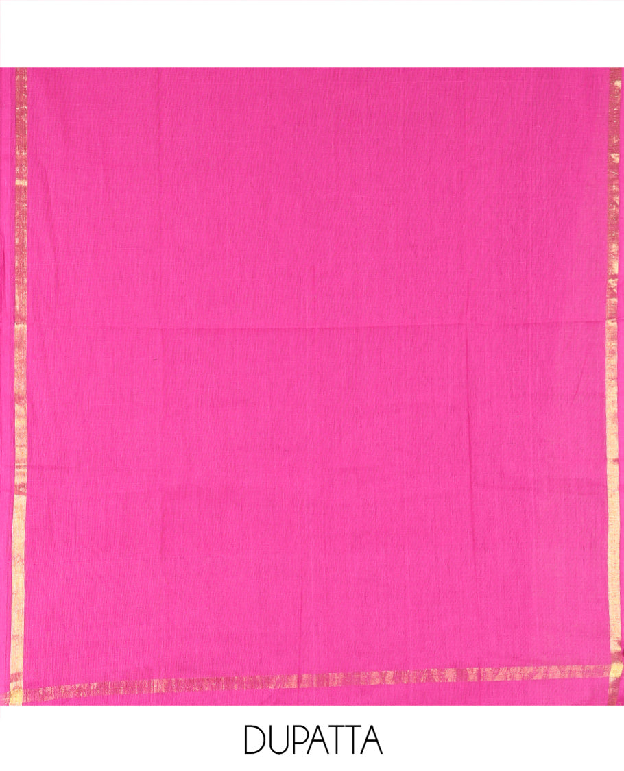 Rama Green Handloom Cotton Material Chudidar, Plain and Contrast Traditional Zari-Bordered Top, a Contrast Plain Bottom, and Contrast Dupatta