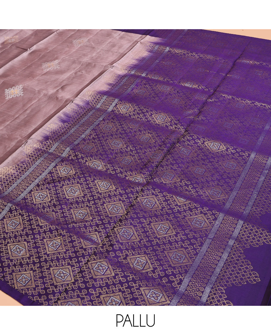 Grey Mayuri Lite Silk Mix Saree, Decked Up with Kolam Buttas, Contrast Kolam Buttas Border, Pallu of Intricate Kolam Designs, and a Contrast Blouse