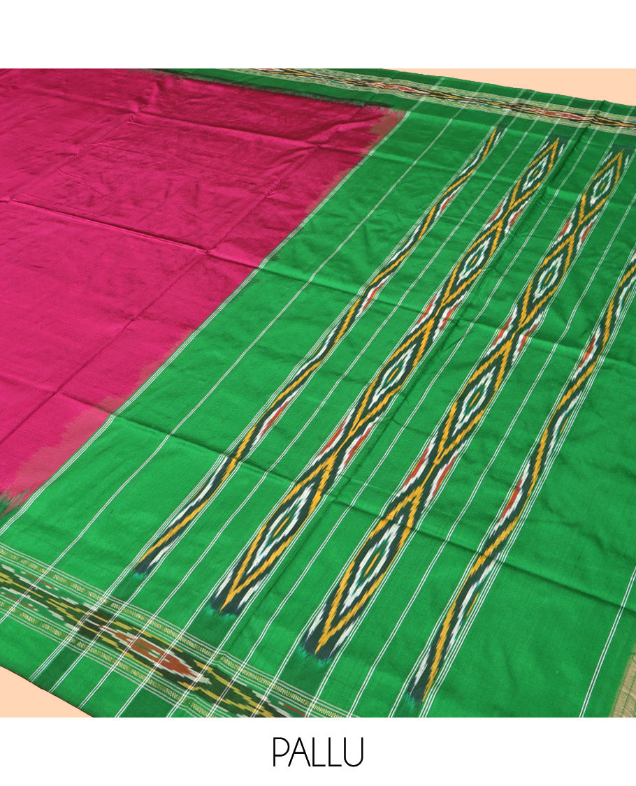 Magenta Plain Pochampally Ikat Silk Saree, Complemented by a Contrast Ikat Border, Ikat-Style Pallu, and No Blouse