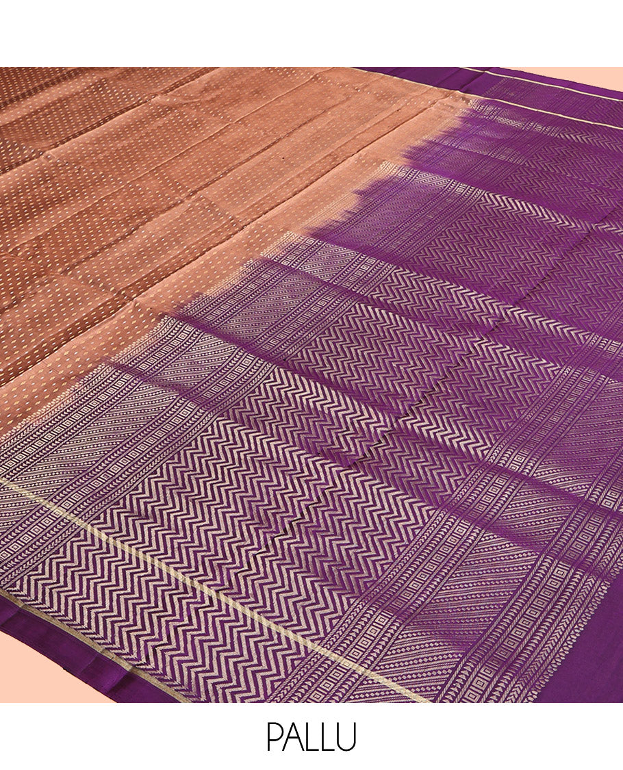 Peach Mayuri Soft Silk Saree, Subtly Steeped with Buttas, Contrast Border, Pallu of Vanki Designs, and a Contrast Blouse