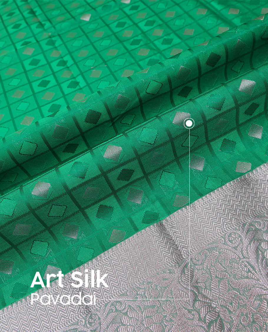 Green art silk pavadai material set, butta enclosed checked pavadai with contrast traditional zari border & blouse
