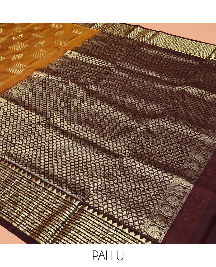 Mustard Venkatagiri Silk Saree, Finely Crafted with Zari Buttas All Over Its Body, Complemented by a Contrast Traditional Zari Design Border, Grand Pallu, and Paired with a Contrast Blouse