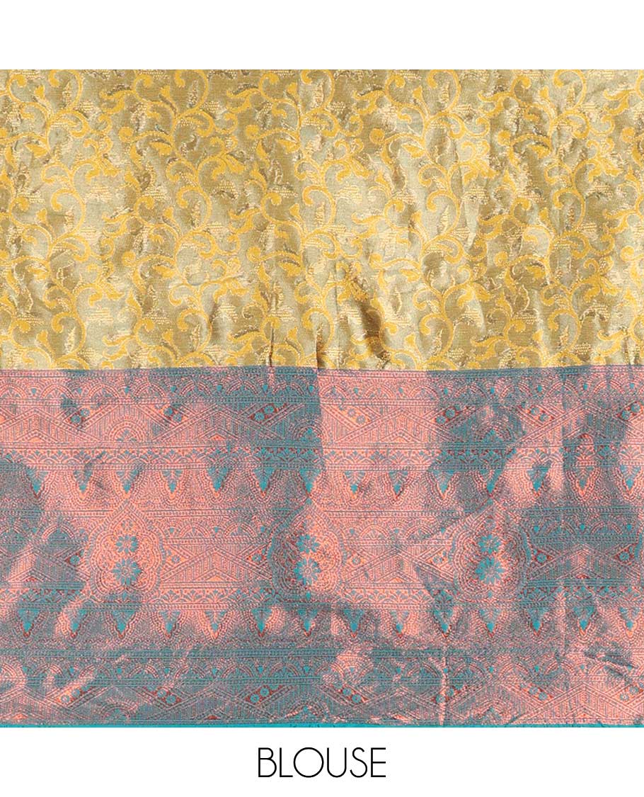 Mustard floral jaal art silk half saree with contrast intricate zari design border, zari design blouse & floral embroidery scallop border dhavani
