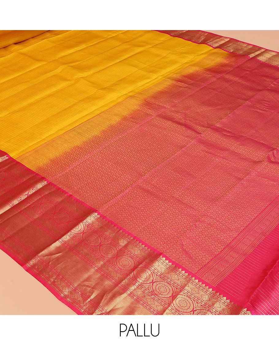 Yellow Zari Checked Vasundhara Lite Silk Mix Saree, a Contrast Chakram Zari Border, Contrast Blouse