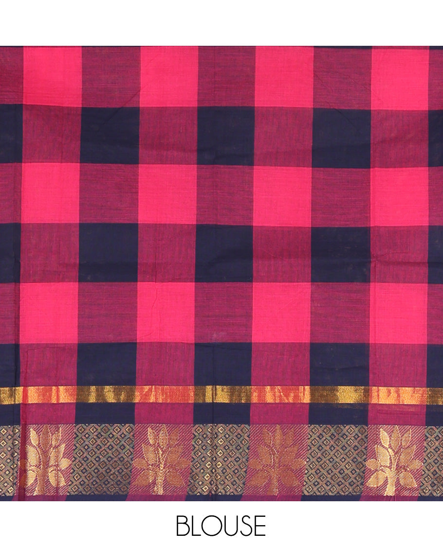 Rani Pink-Navy Blue Checked Chettinad Cotton Half-Saree