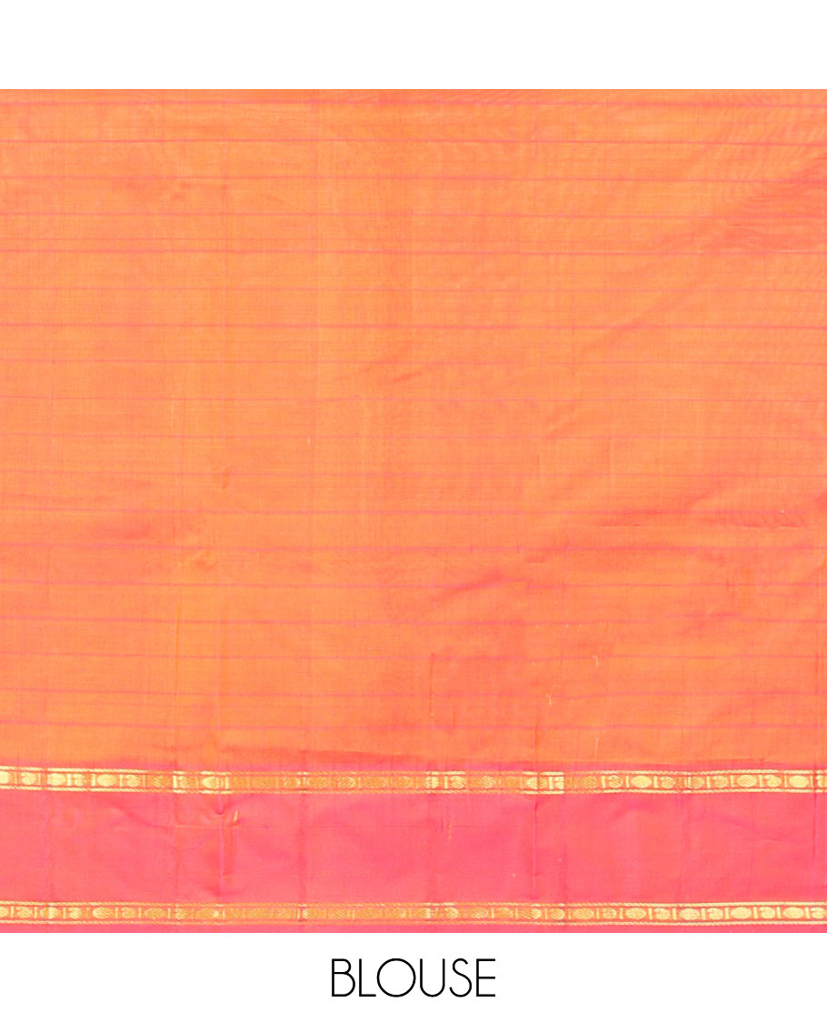 Orange striped kancheepuram silk saree with contrast rettai pettu border of banaras, paun design & zari design pallu