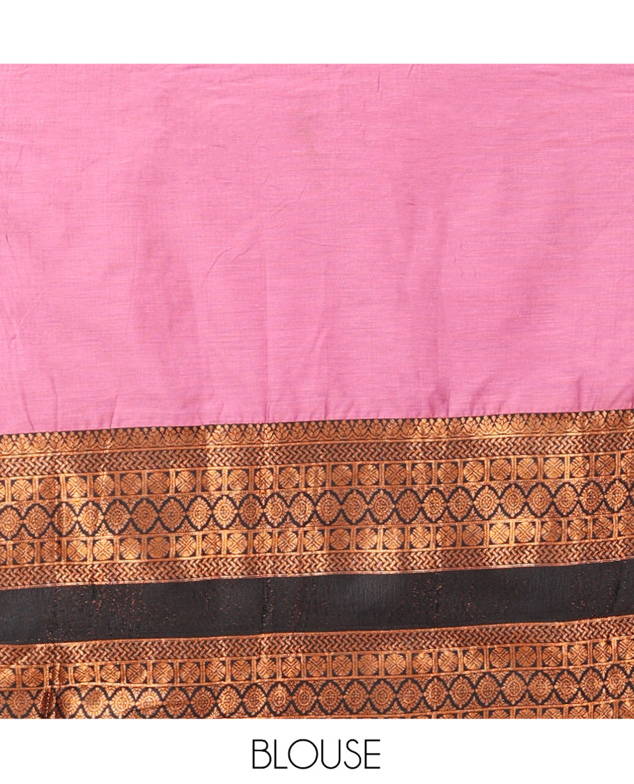 Onion Pink Chanderi Cotton Half-Saree, Plain Skirt, Contrast Traditional Zari Rettai Pettu Border, a Matching Blouse, and Contrast Dupatta