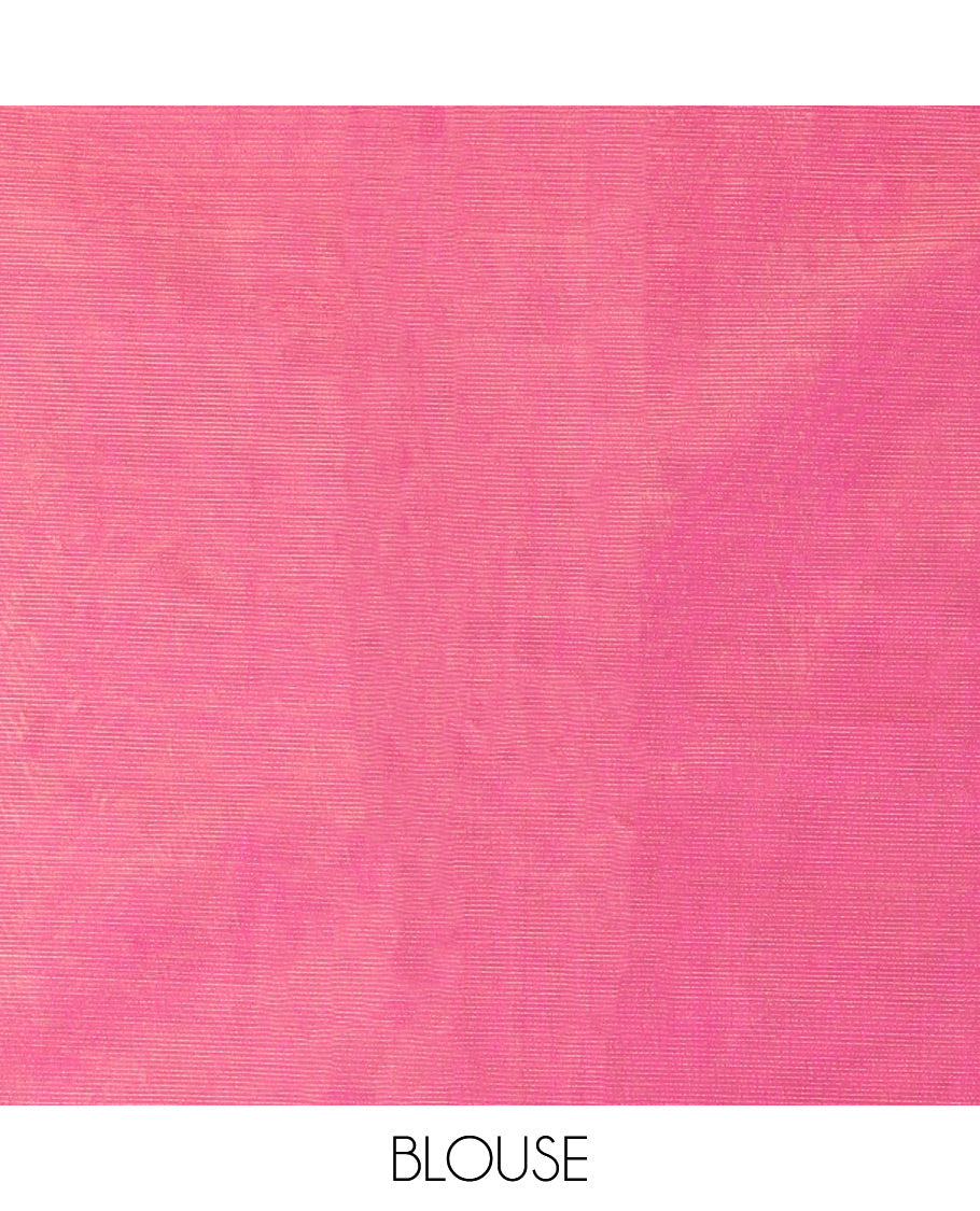 Pink Silk Cotton Saree, Decorated with Buttas All Over Its Body, Complemented by Contrast Border of Parrot Chariot Designs, Temple Pallu, and Paired with a Contrast Blouse
