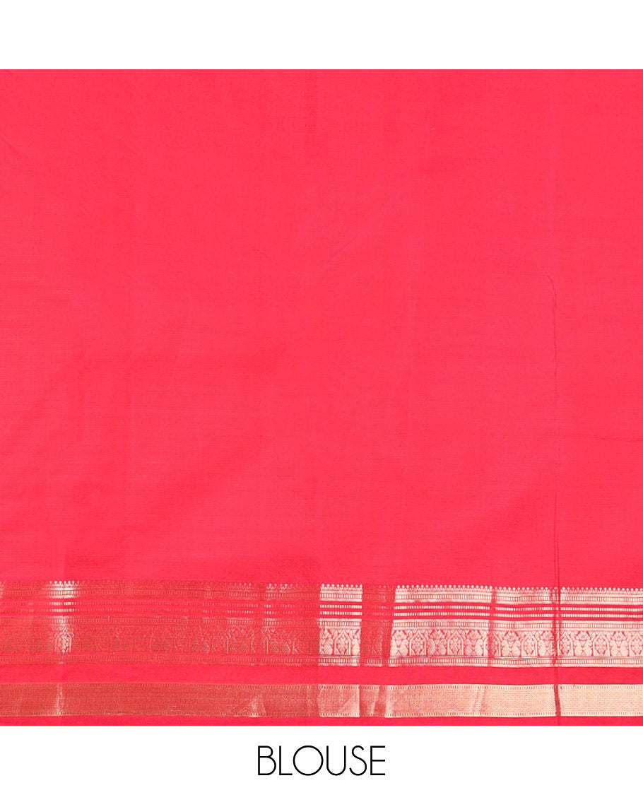 Red floral buttas silk saree with self muthu, banaras, kuyil kann design & jaal design pallu