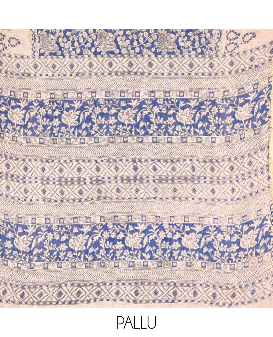 Blue Machine-Printed Kalamkari Cotton Saree Features Floral Vine and Peacock Motifs, a Piping Border, Pallu of Peacock, and a Matching Blouse