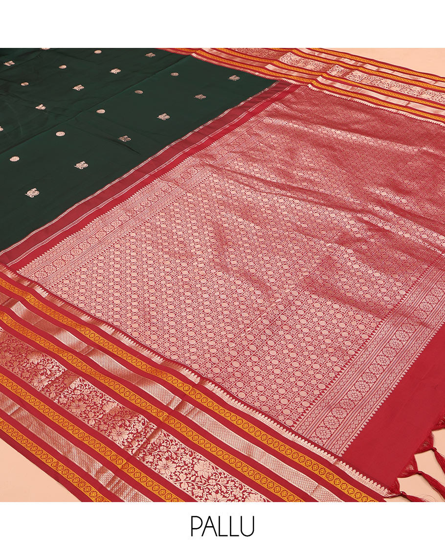 Green Mayil-Chakra Buttas Vasundhara Lite Silk Mix Saree, Contrast Traditional Zari Border, and a Contrast Blouse