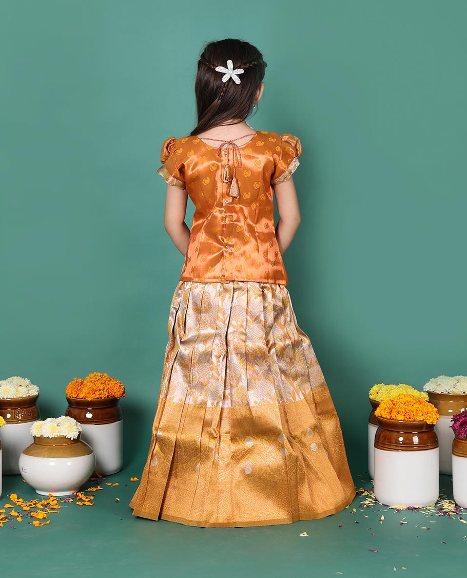 Grey art silk readymade pavadai set, floral jacquard with contrast traditional zari border skirt, contrast embroidered puff-sleeve blouse