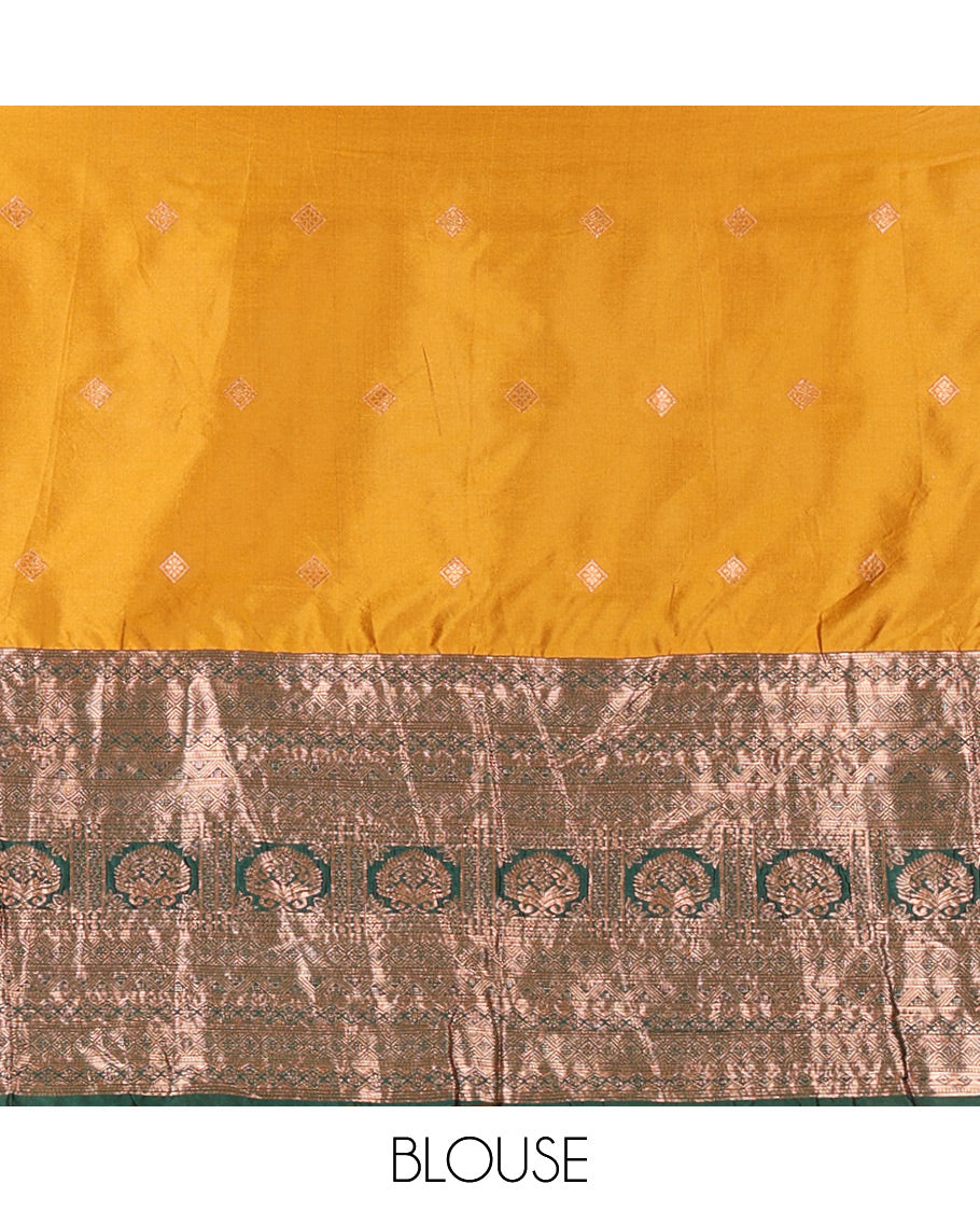 Yellow and Green Semi-Banarasi Half-Saree Prettified with Zari Buttas on Its Skirt, Complemented by a Contrast Traditional Zari Design Steeped Border, Paired with a Matching Blouse, and a Satin Georgette Embroidered Scallop Dhavani