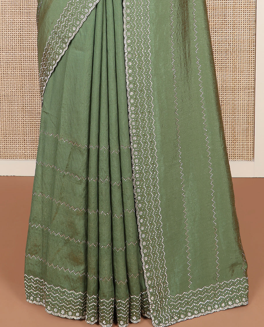 Green micro-stone work designer saree, scallop border of bead and micro-stone work, and micro-stone work pallu