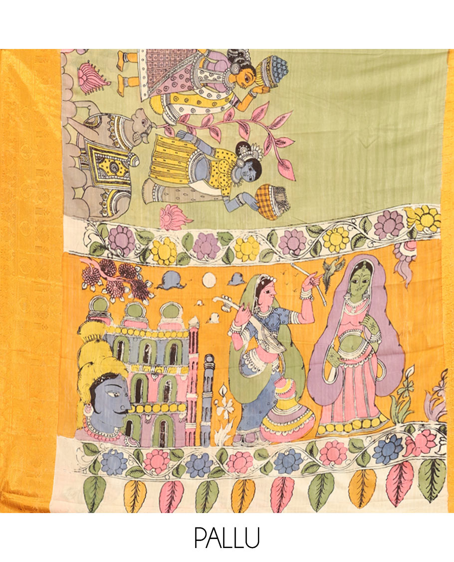 Green Kalamkari Printed Semi-Banarasi Tussar Saree, Enriched with Human Figurines, Contrast Traditional Border, Contrast Human Figurines Pallu, and a Contrast Blouse