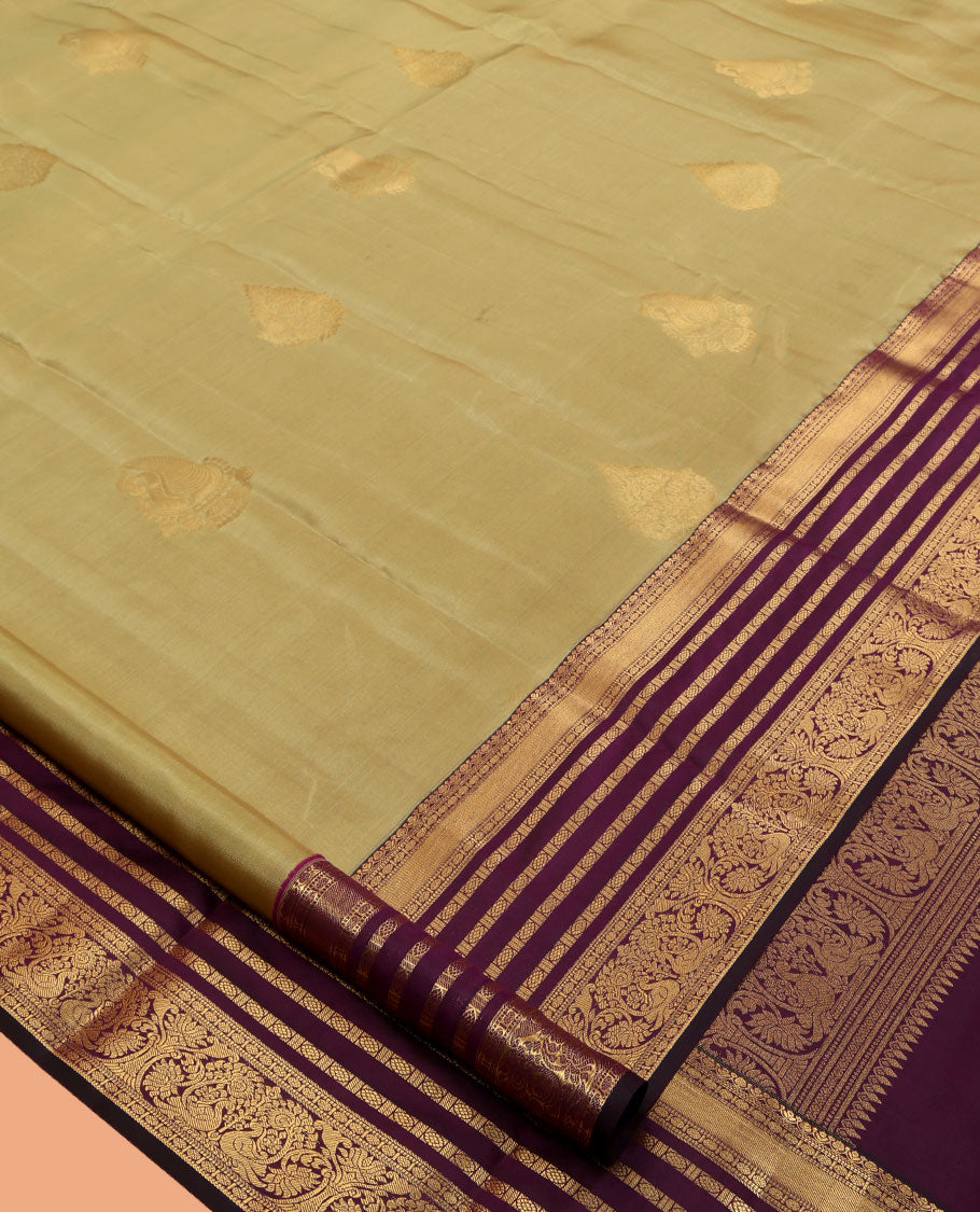 Green Vasundhara Lite Silk Mix Saree, Sparsely Woven with Zari Butats, a Contrast Border of Muthu, Rudraksham, and Mayil Designs, Grand Pallu, and a Contrast Blouse