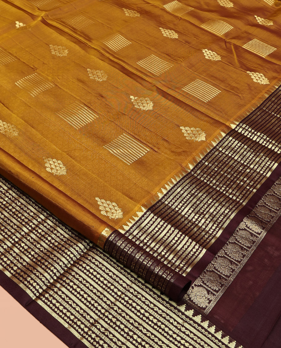 Mustard Venkatagiri Silk Saree, Finely Crafted with Zari Buttas All Over Its Body, Complemented by a Contrast Traditional Zari Design Border, Grand Pallu, and Paired with a Contrast Blouse