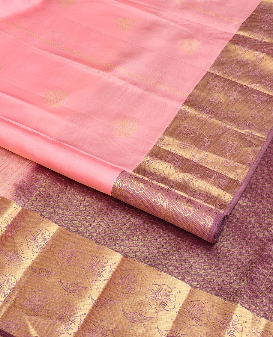 Baby pink buttas vasundhara elite silk saree with contrast floral design border & ogee design pallu